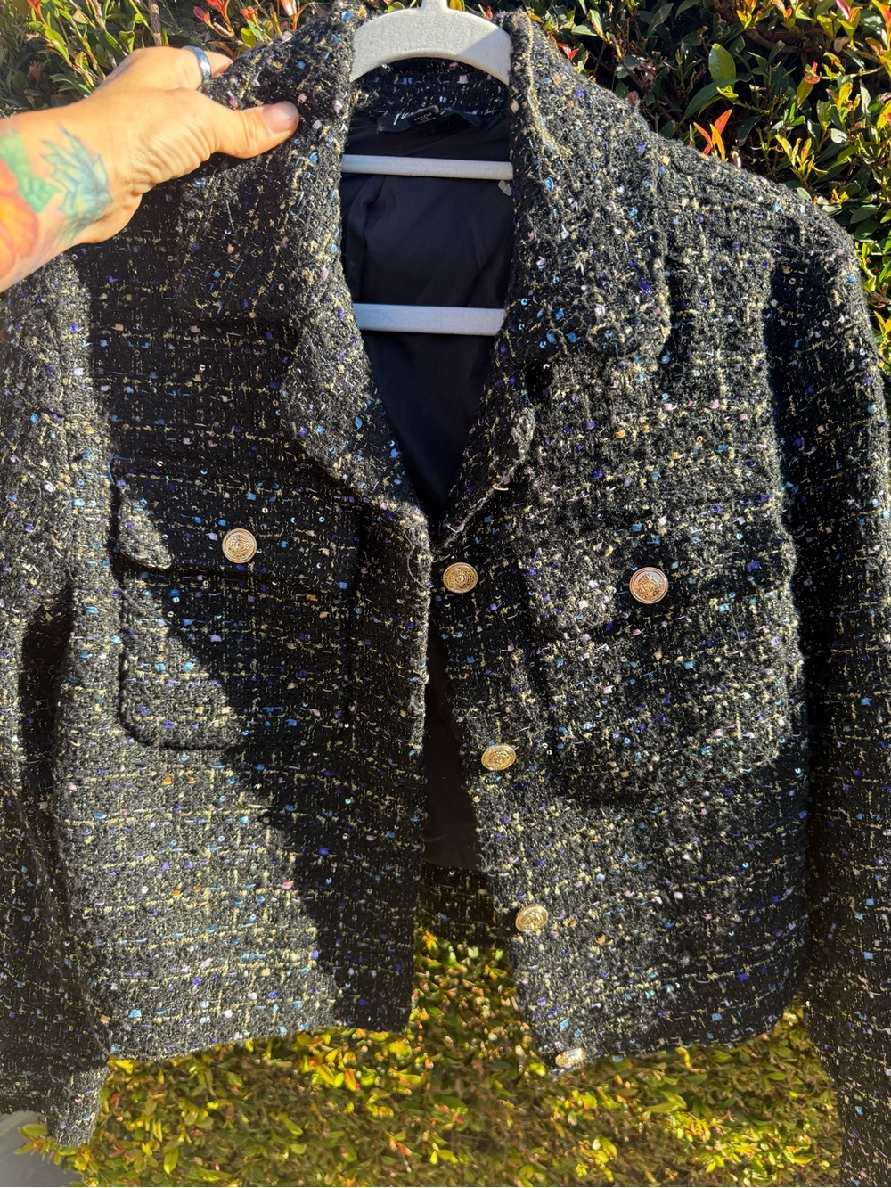 Maree black tweed cropped jacket gold buttons size S